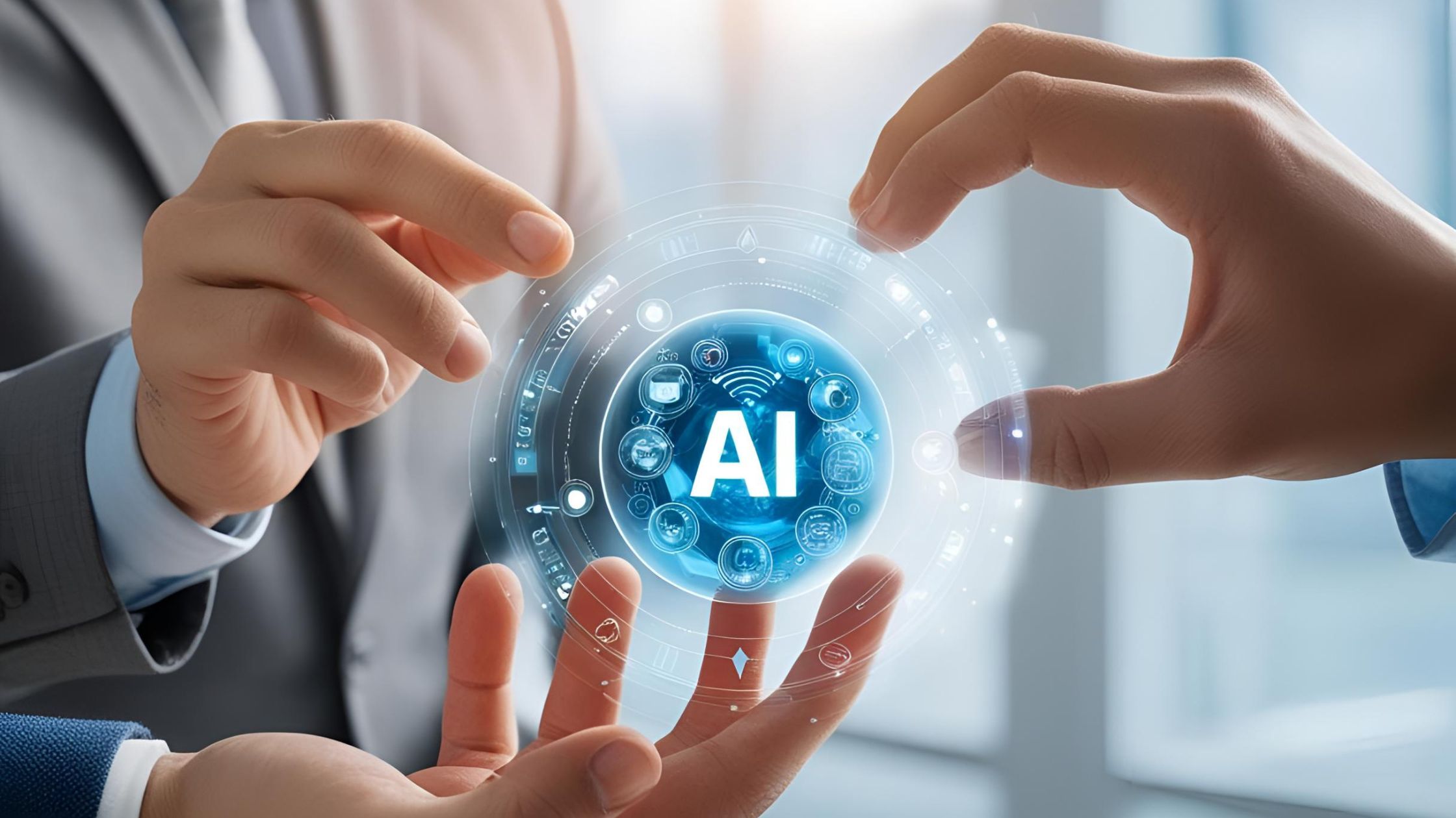 Hands from diverse individuals forming a circle around a glowing AI symbol, symbolizing collaboration and innovation.