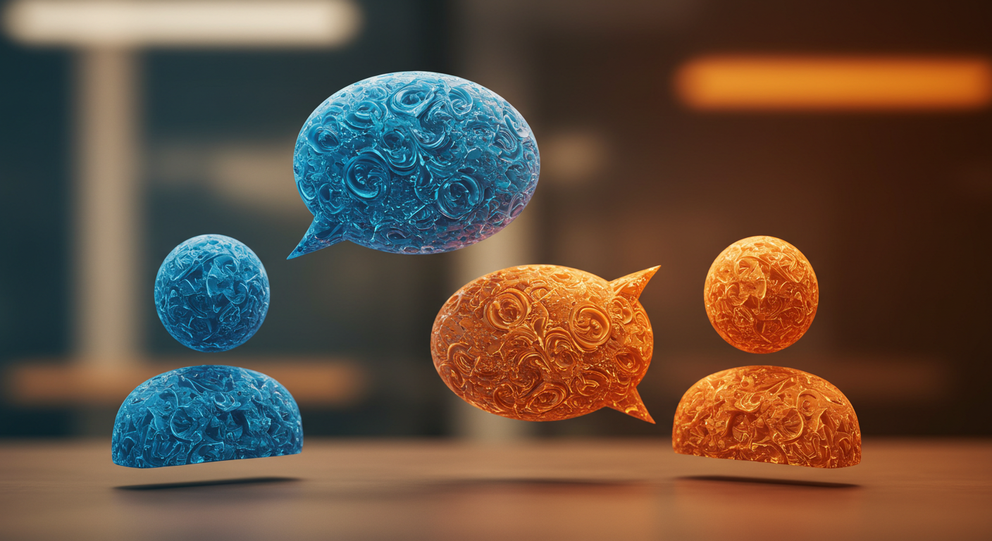 Abstract figures with connecting speech bubbles, representing open communication.
