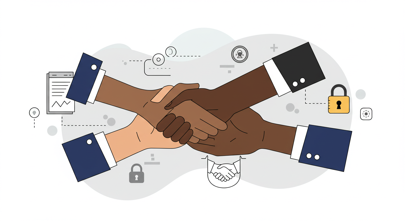 Illustration of diverse hands forming a bridge, symbolizing trust and connection.
