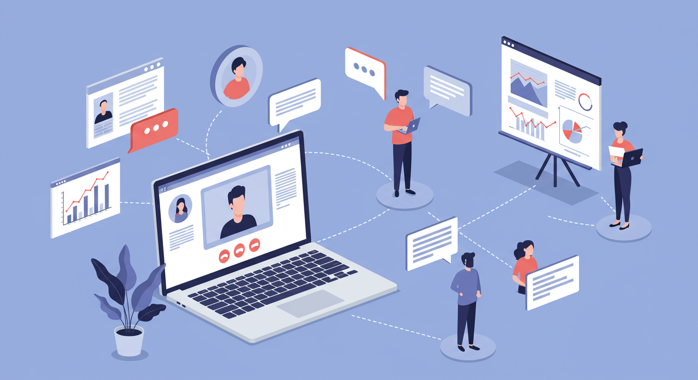 Illustration of diverse team members connected by digital communication tools.