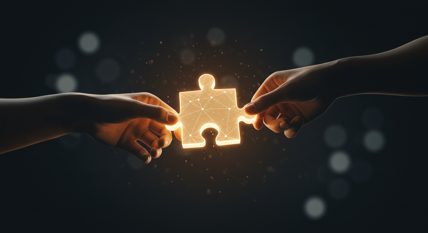 Hands passing a glowing puzzle piece, symbolizing trust and delegation.