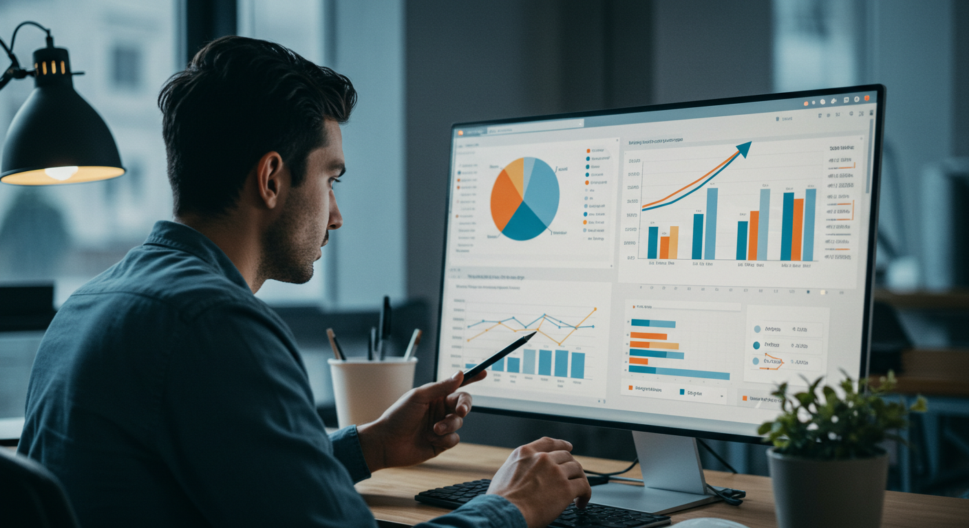 SME professional easily interpreting actionable data insights on a modern analytics dashboard.