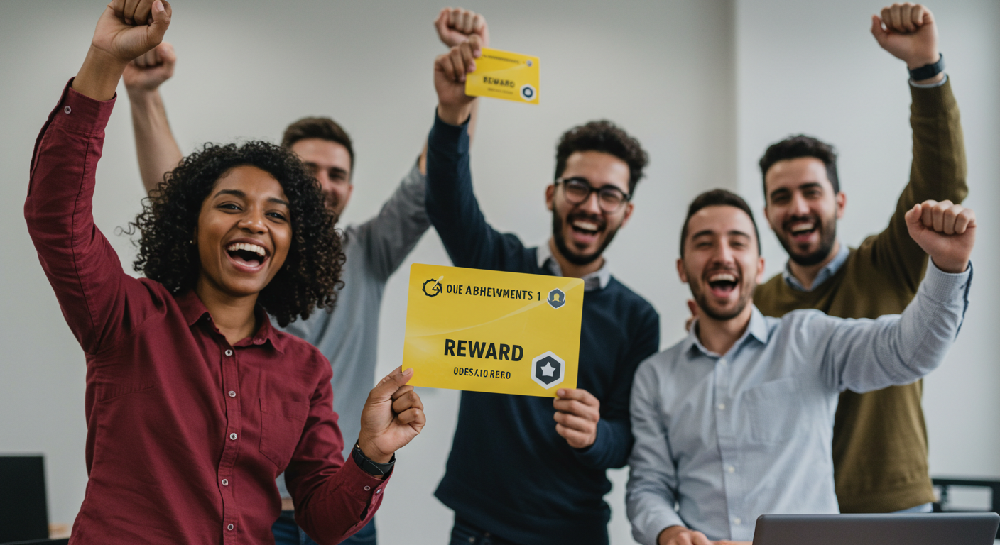 Team members celebrating project milestone with reward recognition