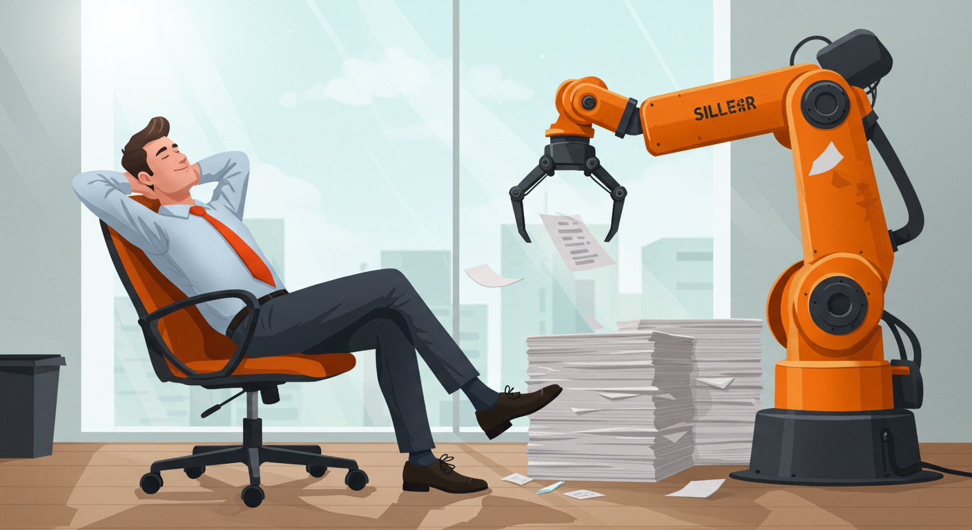  Illustration of a person relaxing while a robot arm handles documents, symbolizing task automation.