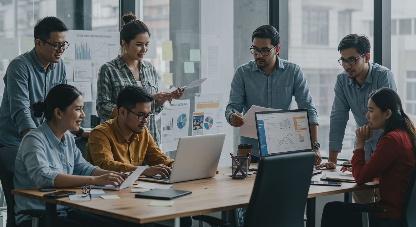"Project team collaborating with both traditional and agile project management tools"