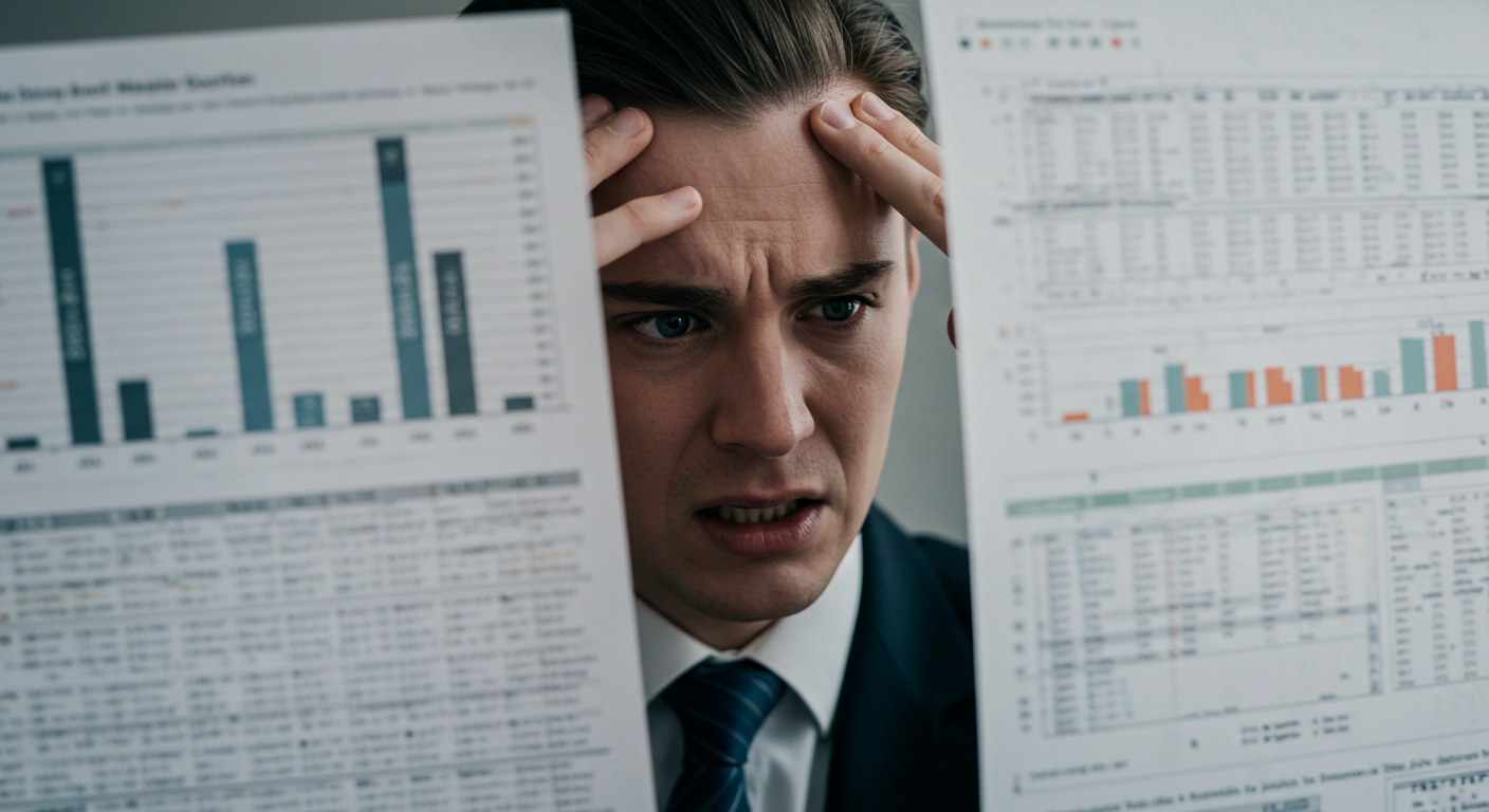 Frustrated business professional struggling with a complex spreadsheet