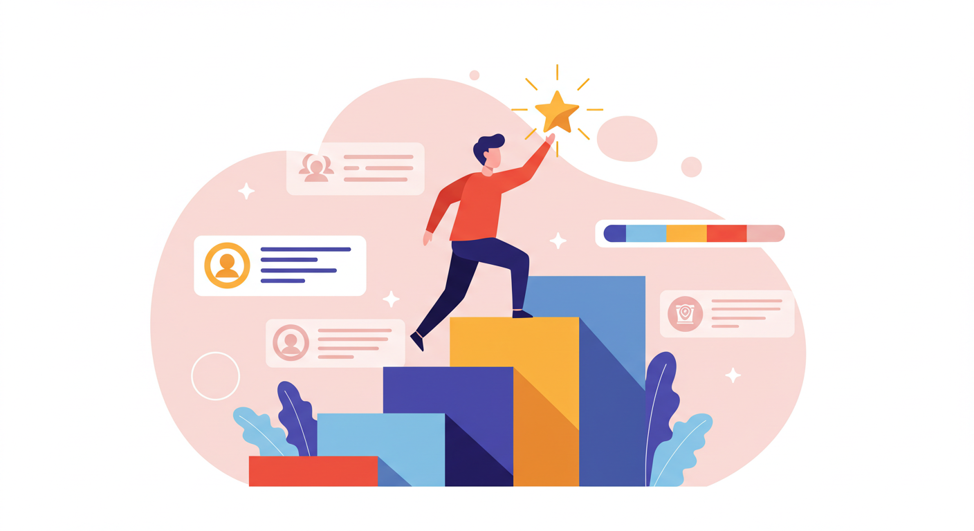 Illustration of a person climbing a staircase of blocks towards a golden star.