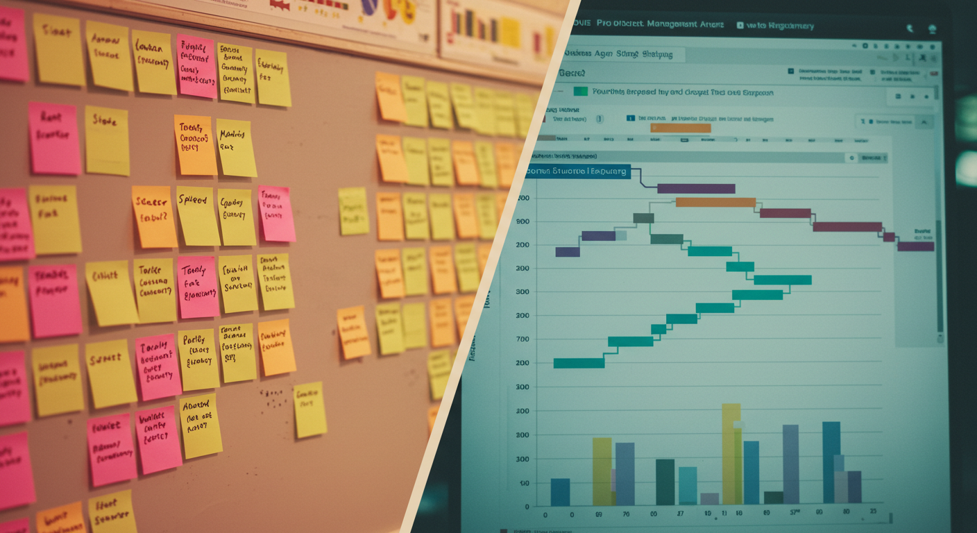 Split image of a kanban board and a Gantt chart timeline