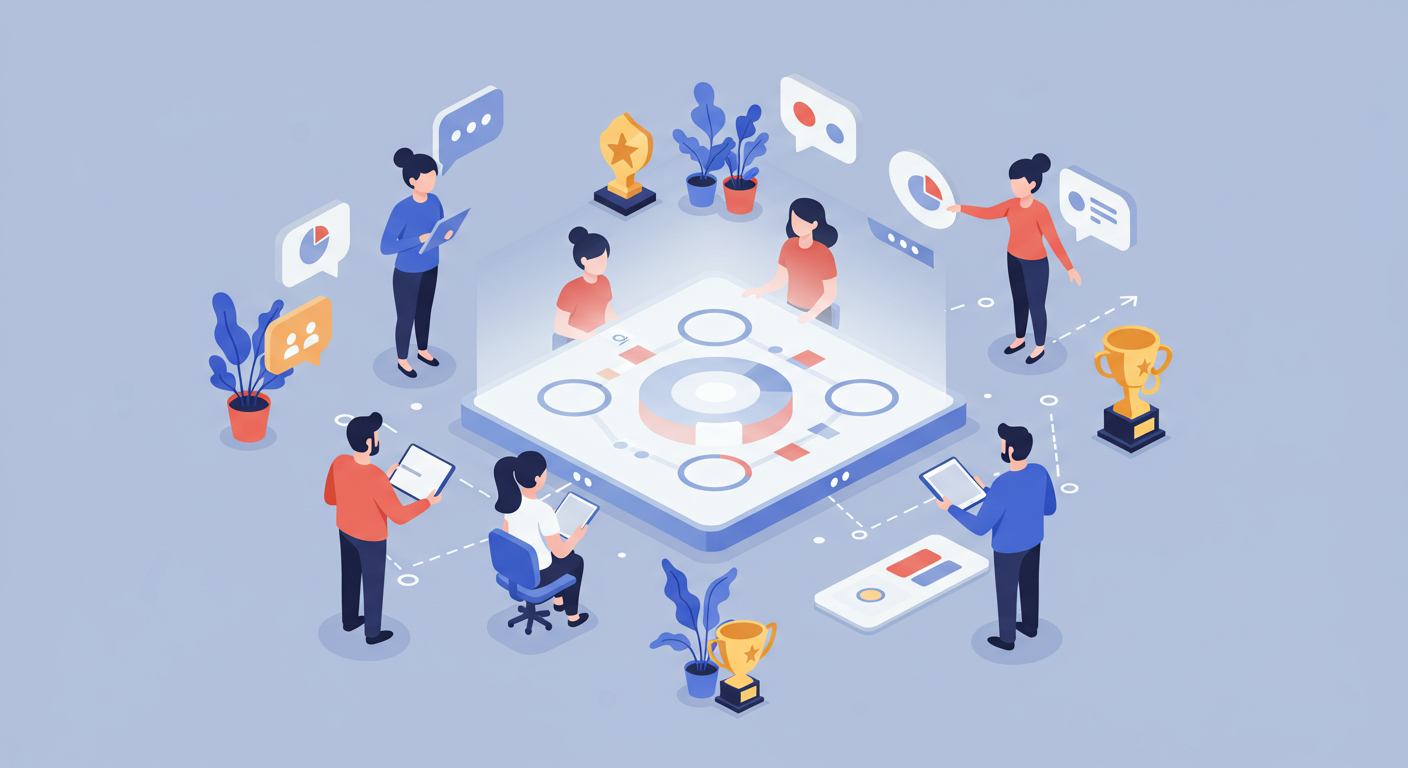 Illustration of diverse team members collaborating around a glowing screen.