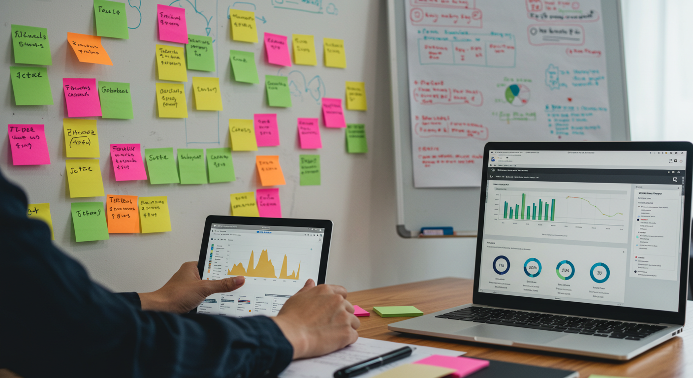Project planning whiteboard with sticky notes and charts