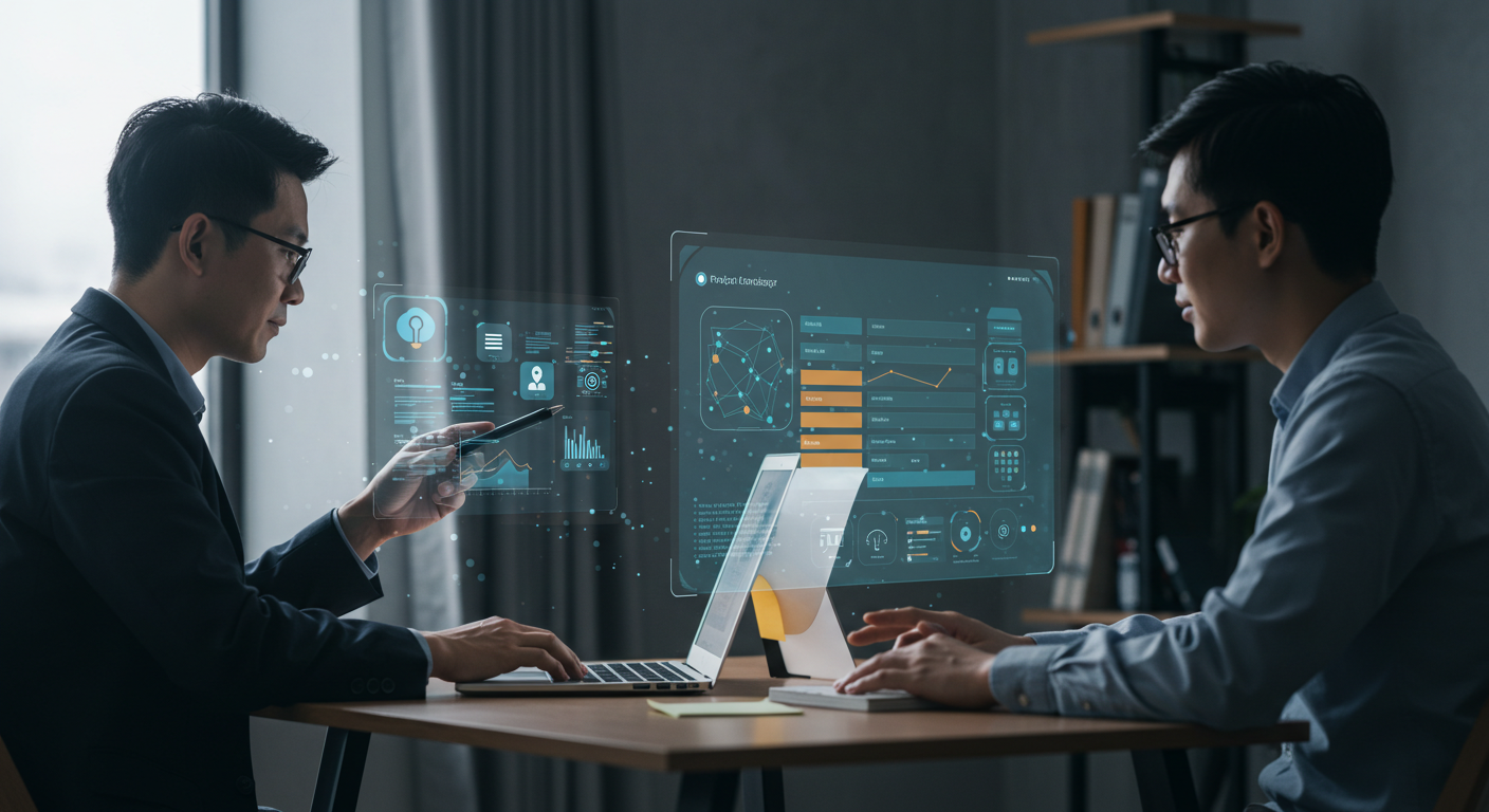 "SME project team collaborating effectively with AI tools assisting in task automation and insights."