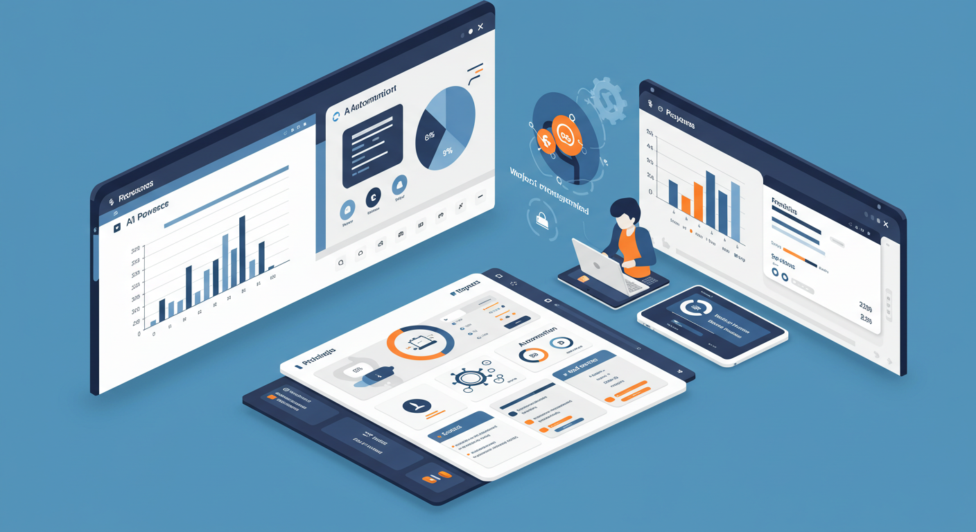 Multiple digital screens displaying various AI tools and dashboards.