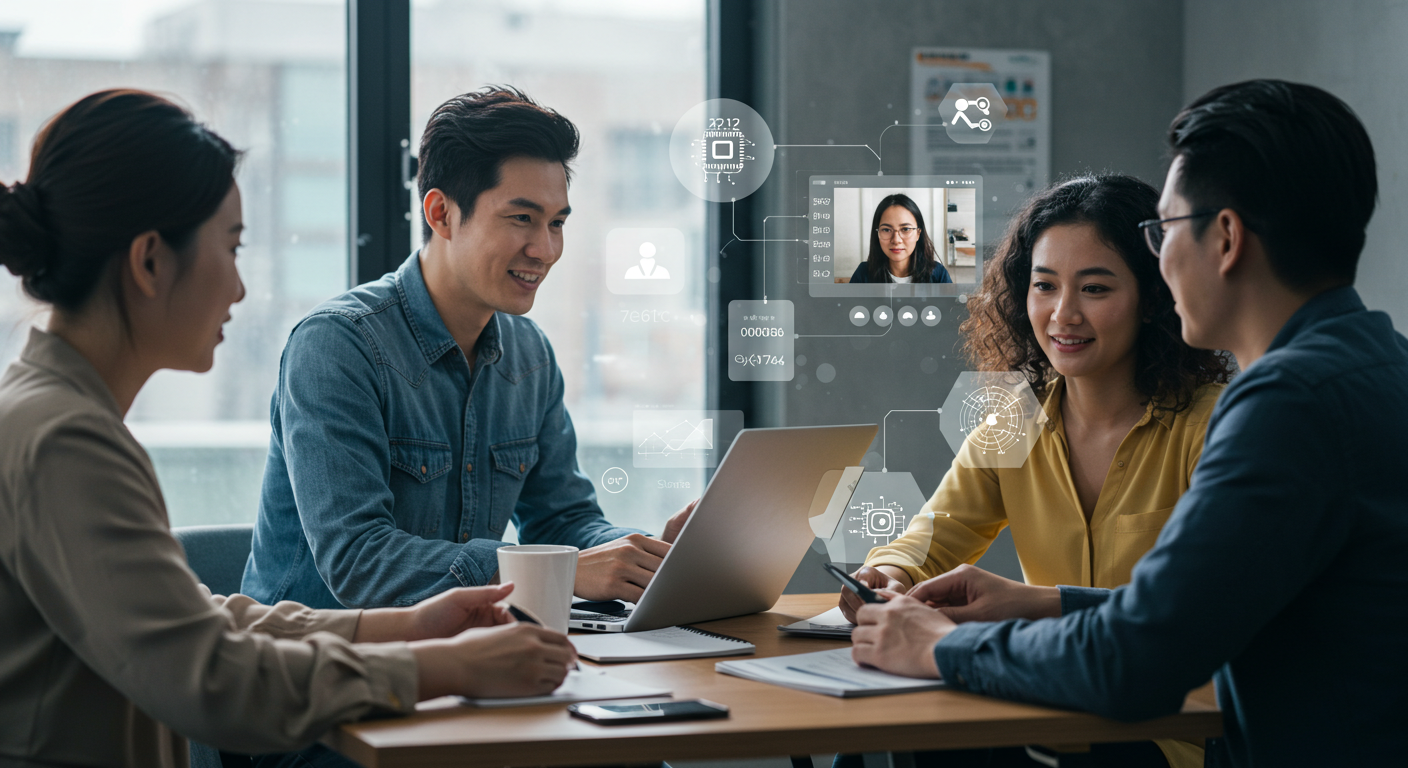 Hybrid team communicating through video calls and messaging tools with AI features.